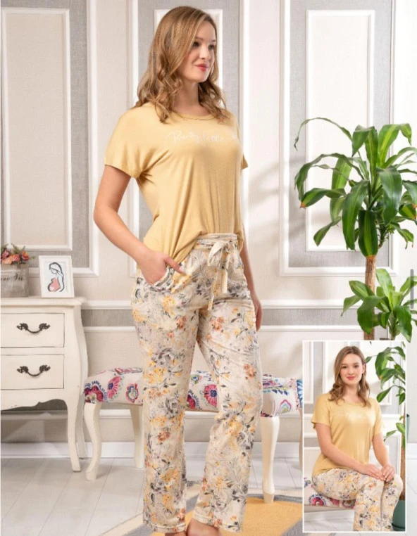 Bone Club 5850 Pudra Desenli Viskon Spor Pijama Tk ürün görseli 1