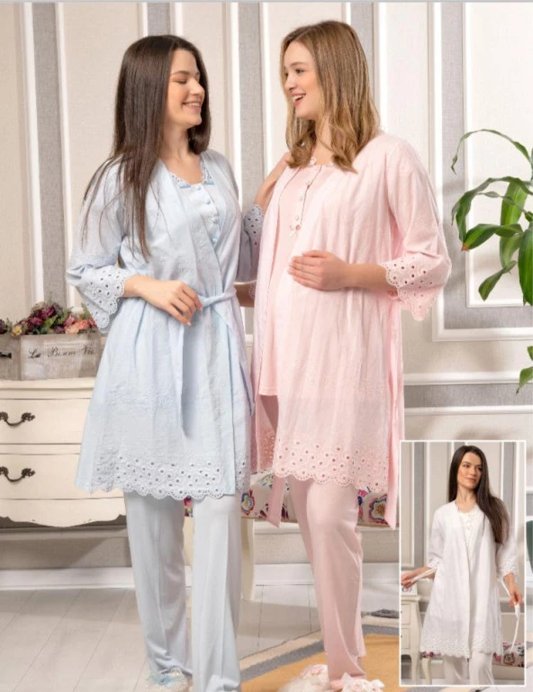 Bone Club 5814 PEMBE Vual Penye Hamile Lohusa 3 Lü Pijama Sabahlık Tk ürün görseli 1