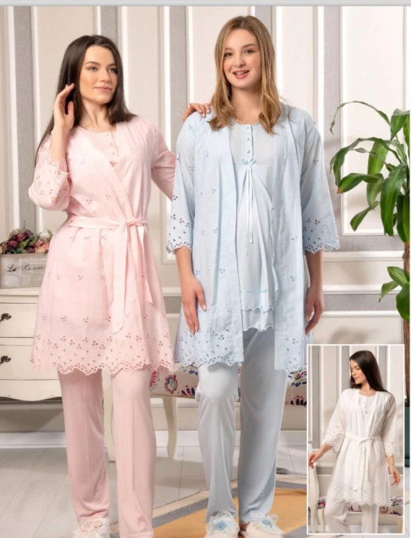 Bone Club 5816 PEMBE Vual Penye Hamile Lohusa 3 Lü Pijama Sabahlık Tk ürün görseli 1