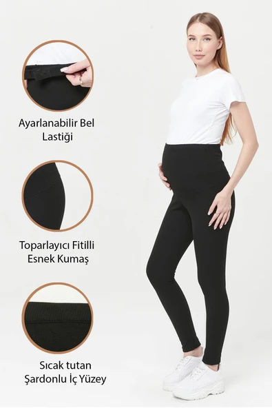 Luvmabelly MYRA8068 Toparlayıcı Fitilli Termal İçi Şardonlu Sıcak Tutan Beli Ayarlanabilir Hamile Tayt -Siyah ürün görseli 1