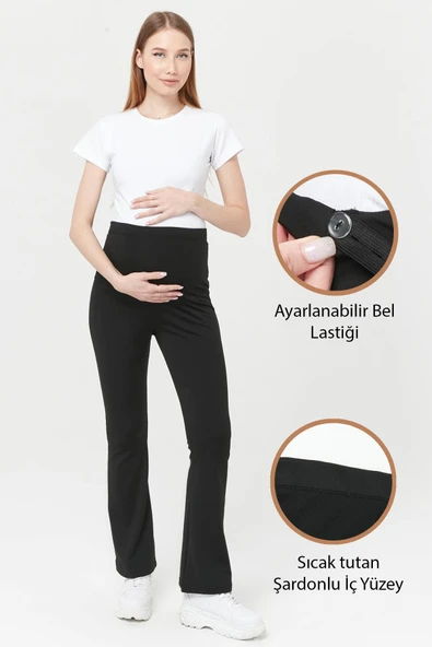 Luvmabelly MYRA8065 Termal İçi Şardonlu Sıcak Tutan Beli Ayarlanabilir İspanyol Paça Hamile Tayt -Siyah ürün görseli 1
