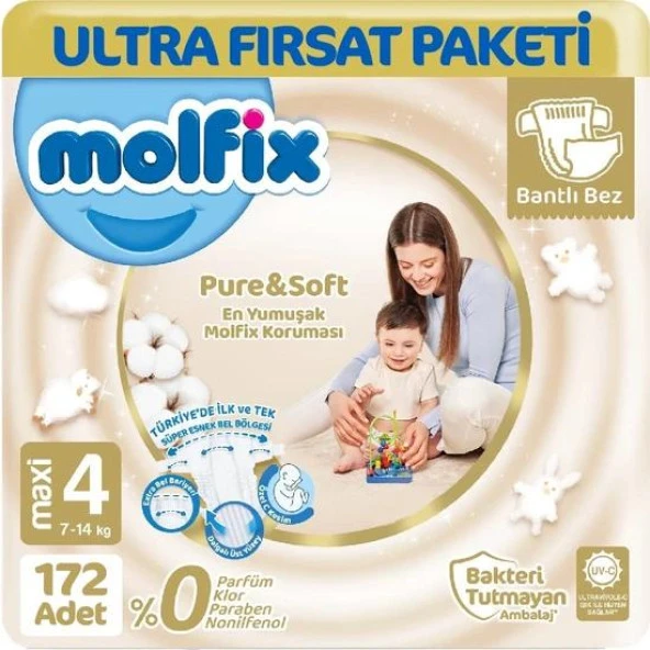Molfix Pure&Soft Bebek Bezi 4 Beden Ultra Fırsat Paketi 86x2 Adet ürün görseli 1
