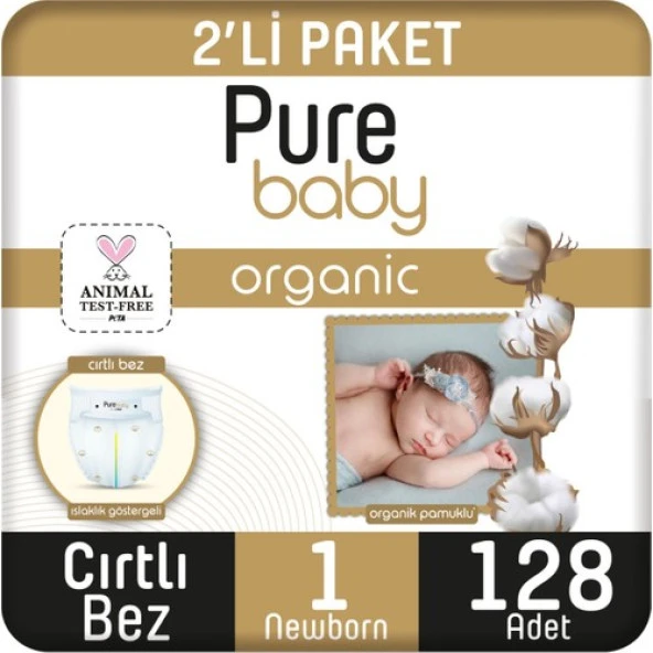 Pure Baby Organik Pamuklu Cırtlı Bez 2'li Paket 1 Numara Yenidogan 128 Adet ürün görseli 1