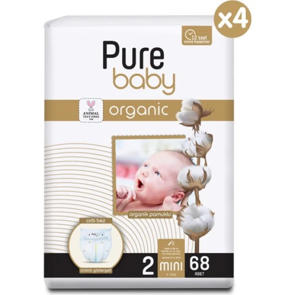Pure Baby Organik Pamuklu Cırtlı Bez 4'lü Paket 2 Numara Mini 272 Adet ürün görseli 1