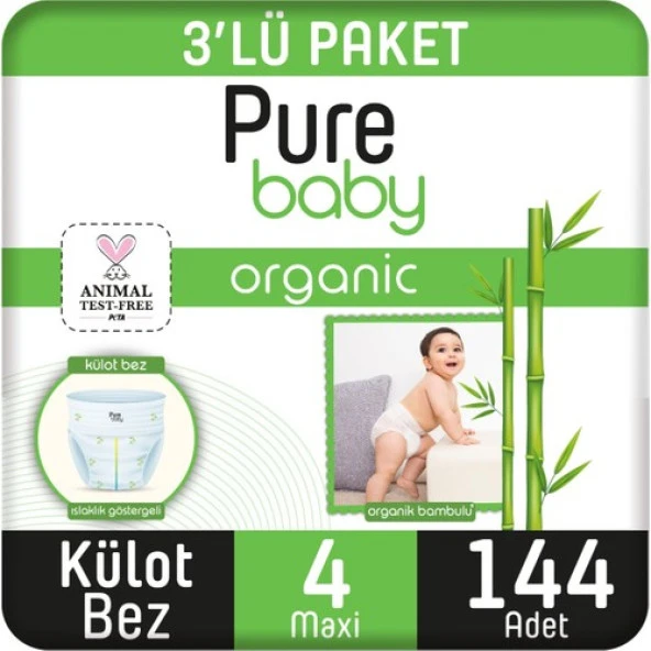 Pure Baby Organik Bambu Özlü Külot Bez 3'lü Paket 4 Numara Maxi 144 Adet ürün görseli 1