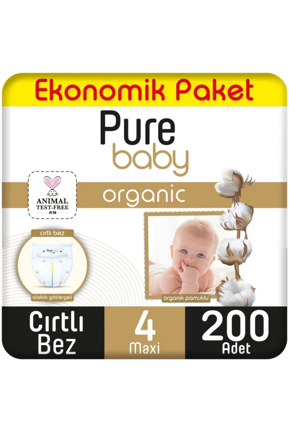 Pure Baby Organik Pamuklu Cırtlı Bez Ekonomik Paket 4 Numara Maxi 200 Adet ürün görseli 1