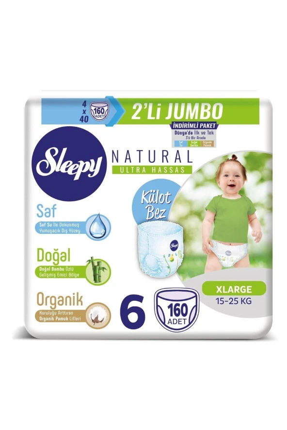 Sleepy Natural Külot Bez 6 Beden Xlarge 4x2'li Jumbo 160 Adet ürün görseli 1