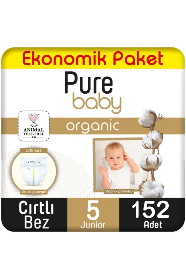 Pure Baby Organik Pamuklu Cırtlı Bez Ekonomik Paket 5 Numara Junior 152 Adet ürün görseli 1