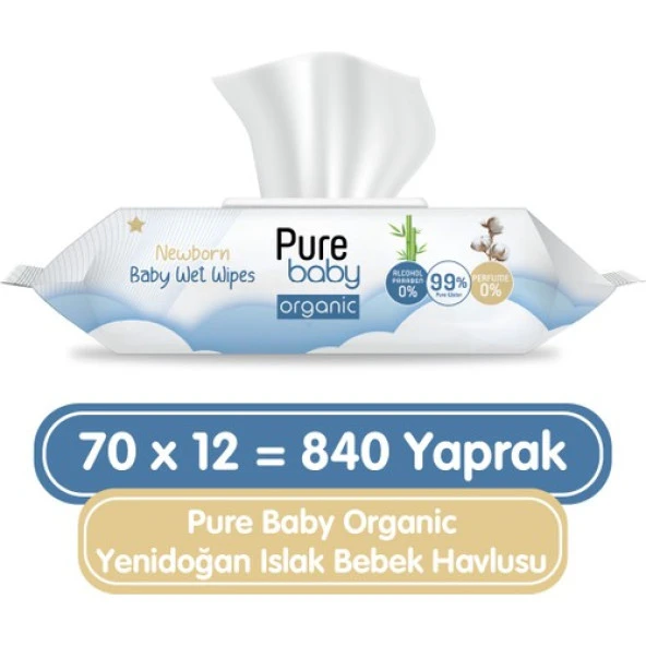 Pure Baby Organic Yenidoğan Islak Havlu 12X70 (840 Yaprak) ürün görseli 1