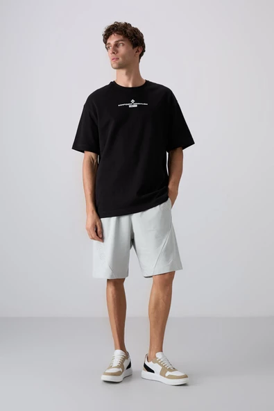 Sıyah/Beyaz Pamuklu Kalın Yumuşak Dokulu Oversize Fit Baskılı Erkek T-Shirt - 88321 ürün görseli 1