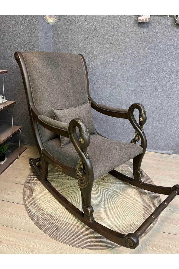 Asedia Vintage Kuğu Ceviz Kahve El Oyması Ahşap Sallanan Sandalye Dinlenme Koltuğu Berjer ürün görseli 1