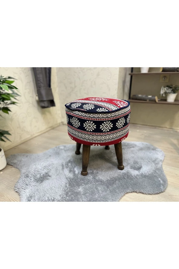 Asedia Miskin Ceviz Kilim Desen Yuvarlak Puf Ayakucu Tabure ürün görseli 1