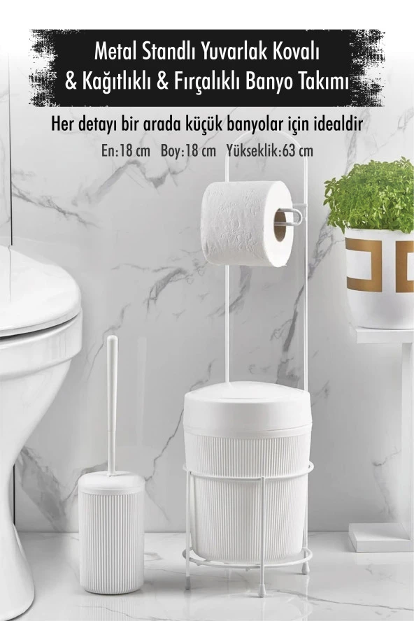 Metal Standlı Yuvarlak Kovalı & Kağıtlıklı & Fırçalıklı Beyaz Banyo Takımı ürün görseli 1