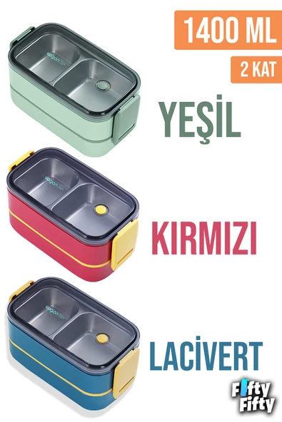 Vagonlife 1400 ML İki Kat Üç Bölme Paslanmaz Çelik Bento Lunch Box Yeni Nesil Sefer Tası -Çatal/Kaşıklı Model-ffbl50002 ürün görseli 1