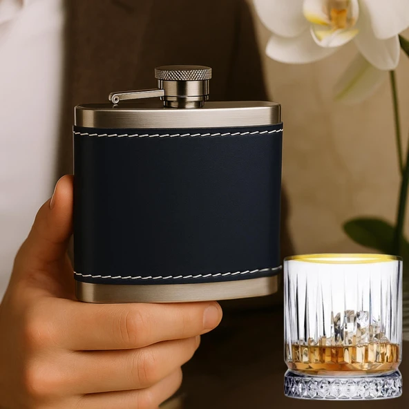 5 Oz 150 cc Lacivert Deri Kılıflı Cep Tipi Çelik Viski İçki Matarası ve Gold Viski Bardağı ürün görseli 1