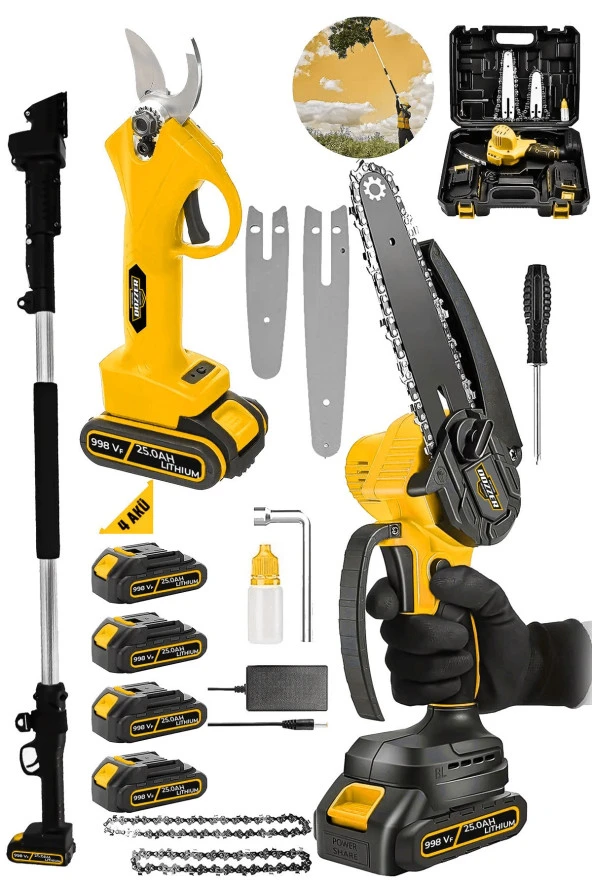 Dozzer YQ 2 Li Set 21Volt 3Ah 4x Akü 3Mt Teleskopik Ağaç Dal Kesme Budama Makası & Testere Makinesi ürün görseli 1