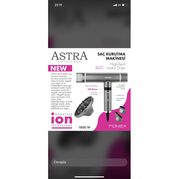 Astra F6 Negatif İyon Profesyonel Saç Kurutma Makinesi ürün görseli 1