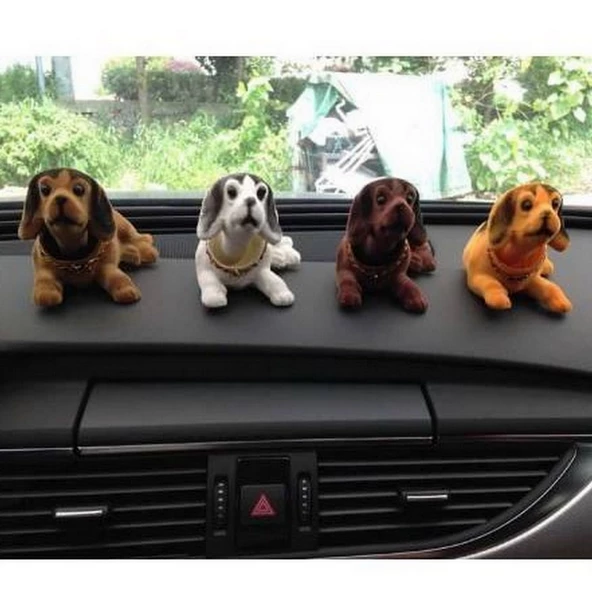 3 Adet Birlikte Set - Araç Torpido Üstü Kafa Sallayan Köpek Seti 14X7X7 cm Kahverengi Beyaz Turuncu ürün görseli 1