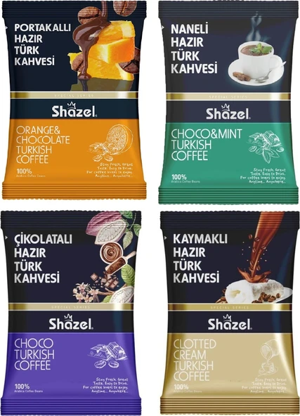 Shazel Hazır Türk Kahvesi Seti 4'lü 100g 4 Adet Kaymaklı, Portakallı, Naneli,Çikolatalı ürün görseli 1