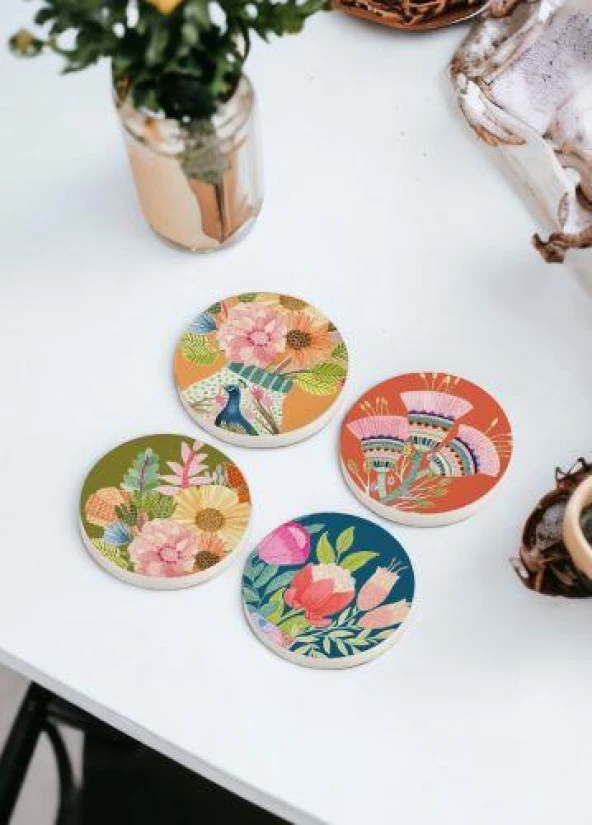 The Mia Butterfly Taş Bardak Altlığı Yuvarlak 4lü Set BRK0134 ürün görseli 1