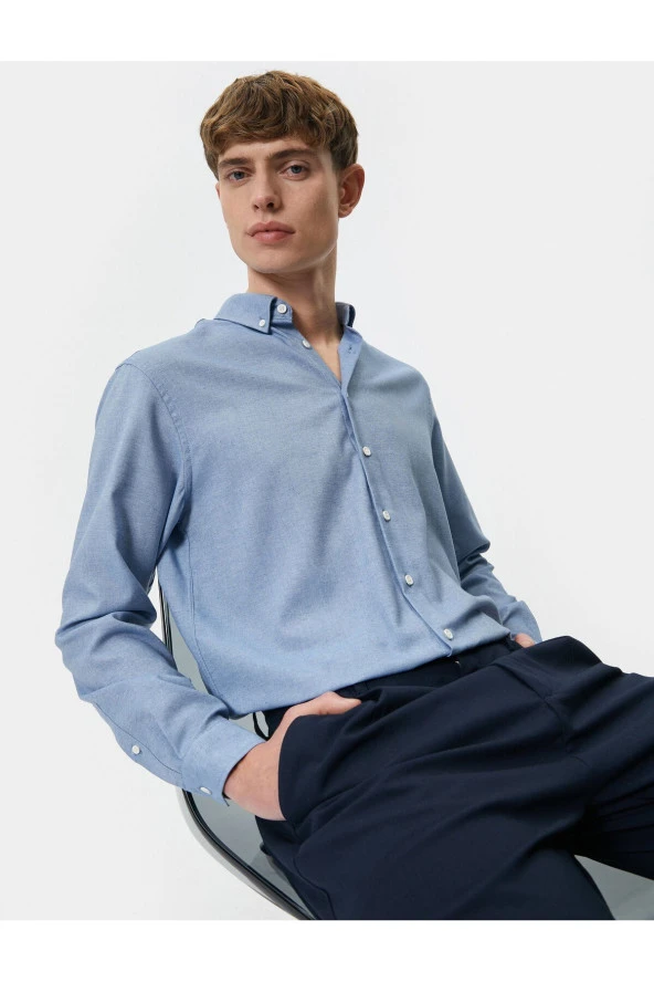 Slim Fit Gömlek Klasik Yaka Uzun Kollu Düğmeli ürün görseli 1