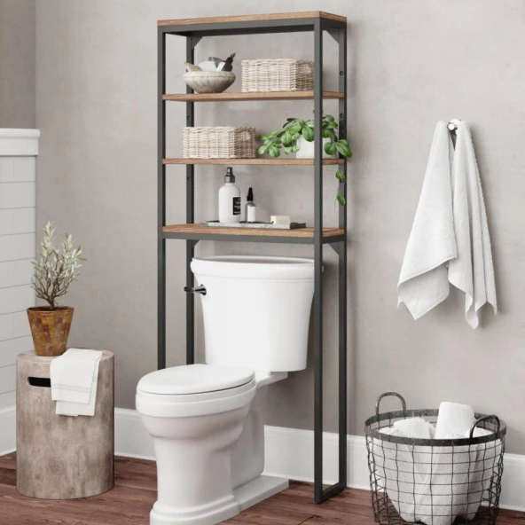 Klozet Üstü Raf Ahşap Banyo Dolabı Metal Ayaklı Organizer ürün görseli 1