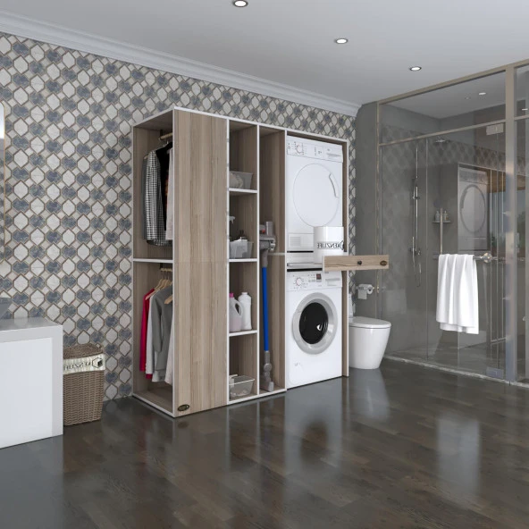 Kenzlife çamaşır-kurutma makinesi dolabı ve giysi dolabı çekmeceli attar sol crd 187*160*60  banyo ürün görseli 1