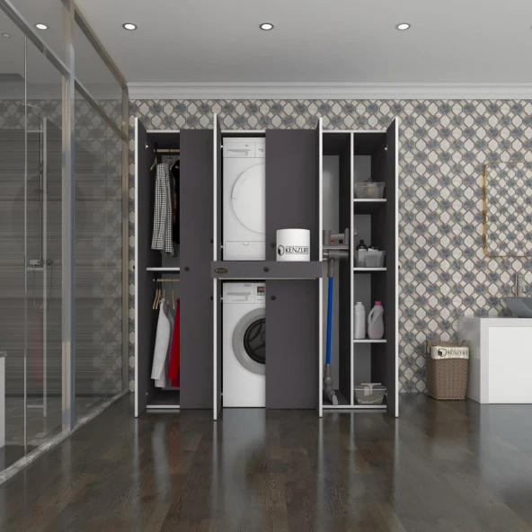 Kenzlife çamaşır-kurutma makinesi dolabı ve giysi dolabı çekmeceli ebuzer sağ raf gri 187*160*60  banyo ürün görseli 1