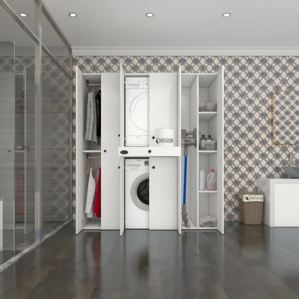 Kenzlife çamaşır-kurutma makinesi dolabı ve giysi dolabı çekmeceli ebuzermdf sağ raf byz 187*160*60  % 100 FULL MDF ürün görseli 1