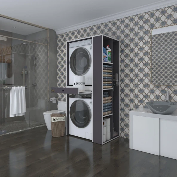 Kenzlife çamaşır-kurutma makinesi dolabı bacce sağ gri 187*090*60 çekmeceli banyo ürün görseli 1