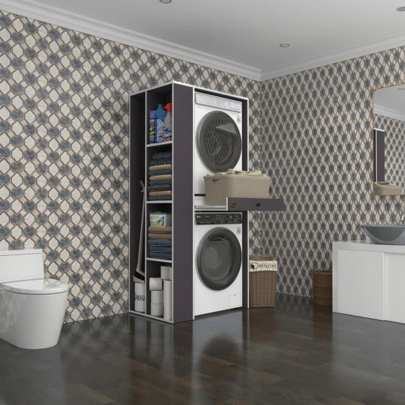 Kenzlife çamaşır-kurutma makinesi dolabı bacce sol gri 187*090*60 çekmeceli banyo ürün görseli 1