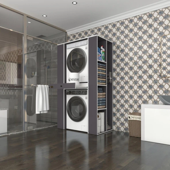 Kenzlife çamaşır-kurutma makinesi dolabı umare gri 187*110*60 çekmeceli raflı banyo ürün görseli 1