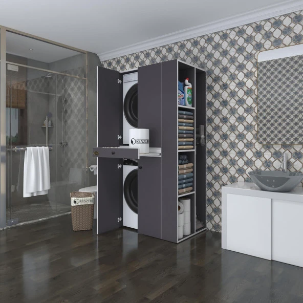 Kenzlife çamaşır-kurutma makinesi dolabı ahi evran sağ gri 187*090*60 çekmeceli banyo ürün görseli 1