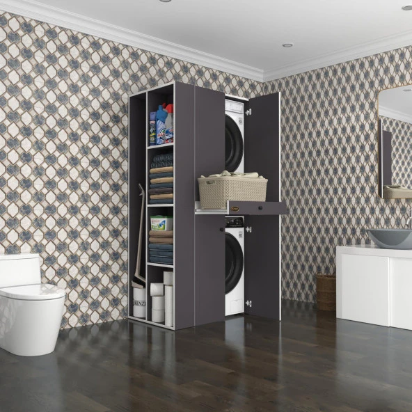 Kenzlife çamaşır-kurutma makinesi dolabı ahi evran sol gri 187*090*60 çekmeceli banyo ürün görseli 1