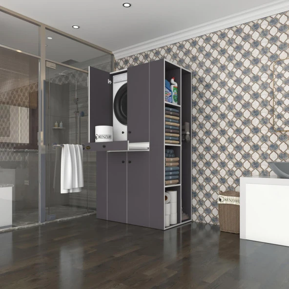 Kenzlife çamaşır-kurutma makinesi dolabı biruni gri 187*110*60 çekmeceli raflı banyo ürün görseli 1