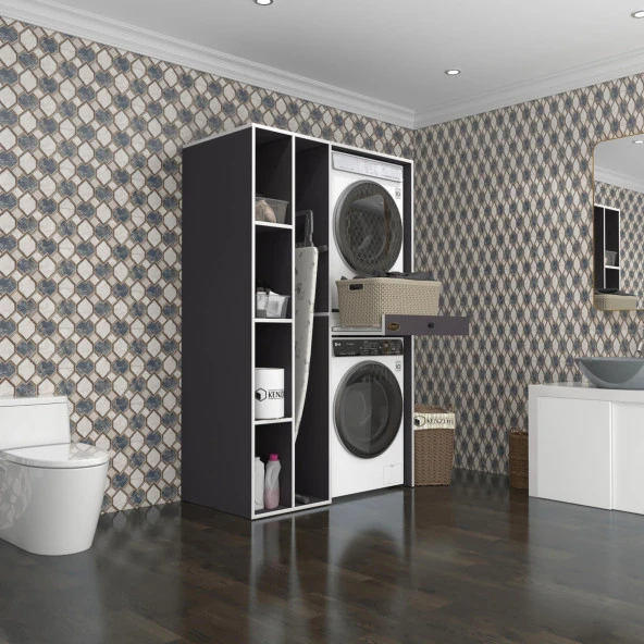 Kenzlife çamaşır-kurutma makinesi dolabı gutas sol gri 187*120*60 çekmeceli banyo ürün görseli 1