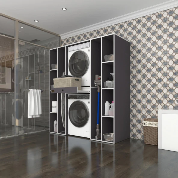 Kenzlife çamaşır-kurutma makinesi dolabı sadra gri 187*170*60 çekmeceli raflı banyo ürün görseli 1
