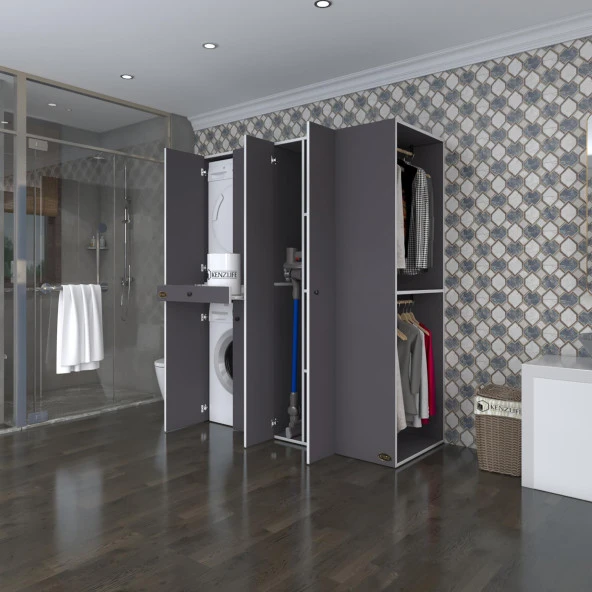 Kenzlife çamaşır-kurutma makinesi dolabı ve giysi dolabı çekmeceli eşari sağ gri 187*160*60  banyo ürün görseli 1