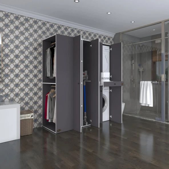 Kenzlife çamaşır-kurutma makinesi dolabı ve giysi dolabı çekmeceli eşari sol gri 187*160*60  banyo ürün görseli 1