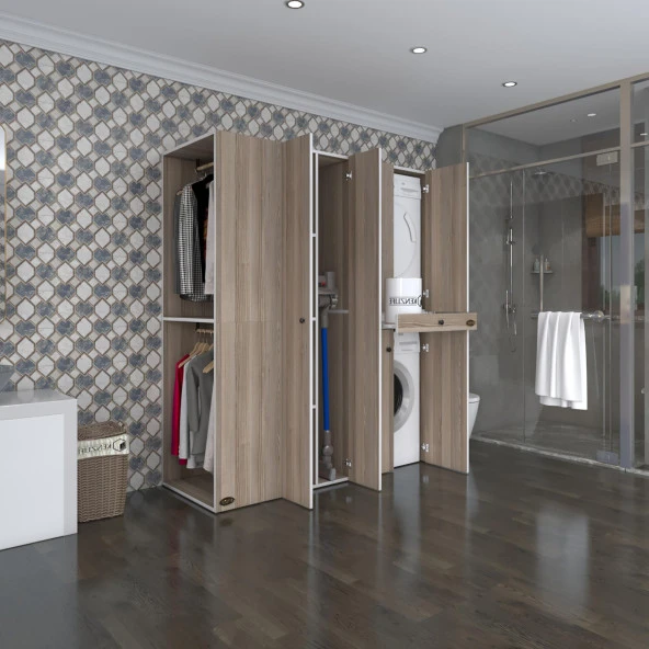 Kenzlife çamaşır-kurutma makinesi dolabı ve giysi dolabı çekmeceli eşari sol crd 187*160*60  banyo ürün görseli 1