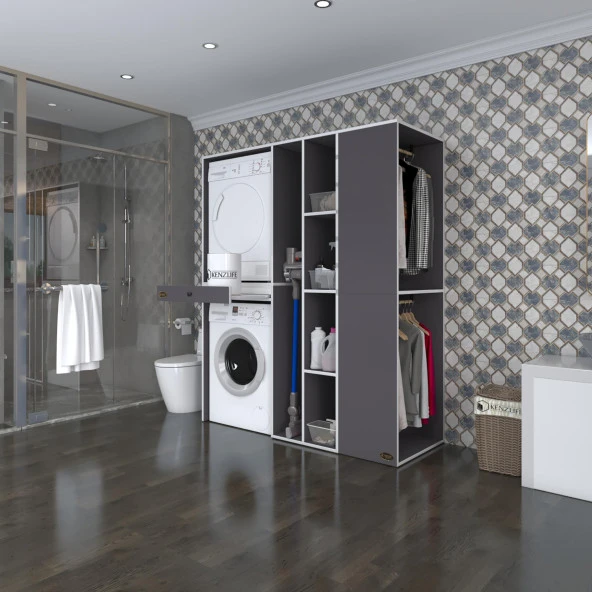 Kenzlife çamaşır-kurutma makinesi dolabı ve giysi dolabı çekmeceli attar sağ gri 187*160*60  banyo ürün görseli 1
