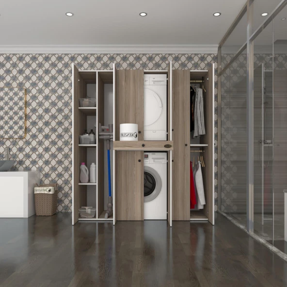 Kenzlife çamaşır-kurutma makinesi dolabı ve giysi dolabı çekmeceli ebuzer sol raf crd 187*160*60  banyo ürün görseli 1