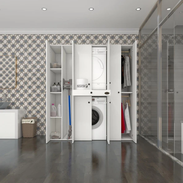 Kenzlife çamaşır-kurutma makinesi dolabı ve giysi dolabı çekmeceli ebuzer sol raf byz 187*170*120  % 100 FULL MDF ürün görseli 1