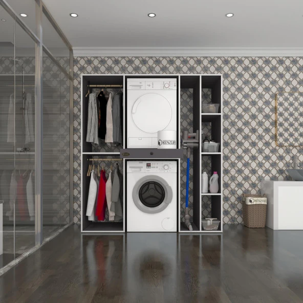 Kenzlife çamaşır-kurutma makinesi dolabı ve giysi dolabı çekmeceli hattab sağ raf gri 187*160*60  banyo ürün görseli 1