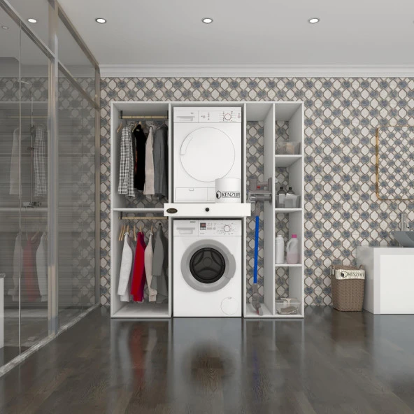 Kenzlife çamaşır-kurutma makinesi dolabı ve giysi dolabı çekmeceli hattabmdf sağ raf byz 187*160*60  % 100 FULL MDF ürün görseli 1