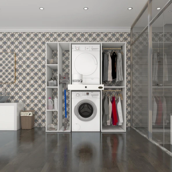 Kenzlife çamaşır-kurutma makinesi dolabı ve giysi dolabı çekmeceli hattab sol raf byz 187*160*60  banyo ürün görseli 1