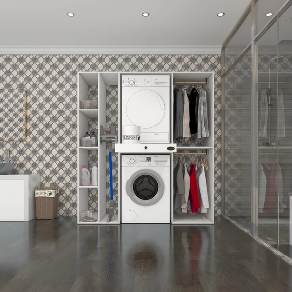 Kenzlife çamaşır-kurutma makinesi dolabı ve giysi dolabı çekmeceli hattabmdf sol raf byz 187*160*60  % 100 FULL MDF ürün görseli 1