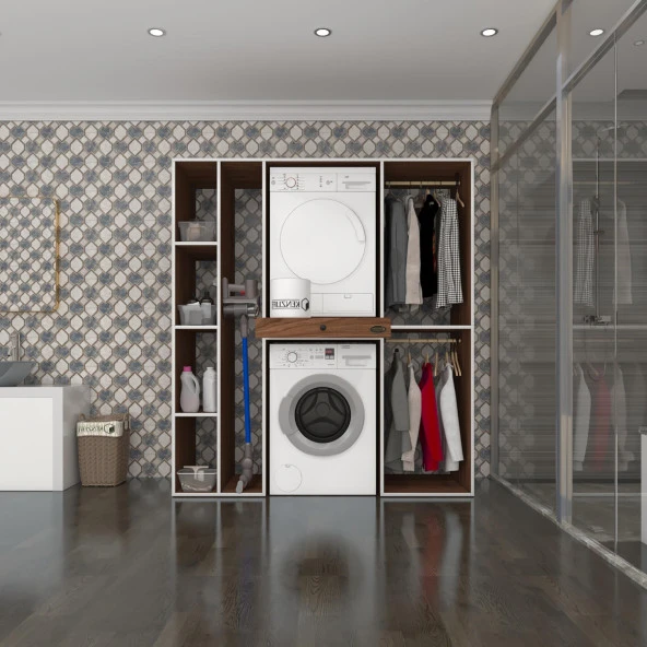 Kenzlife çamaşır-kurutma makinesi dolabı ve giysi dolabı çekmeceli hattab sol raf cvz 187*160*60  banyo ürün görseli 1