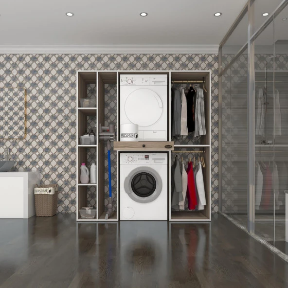 Kenzlife çamaşır-kurutma makinesi dolabı ve giysi dolabı çekmeceli hattab sol raf crd 187*160*60  banyo ürün görseli 1