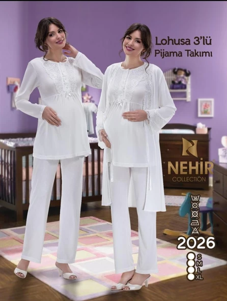NEHİR 2026 Hamile Lohusa 3 Lü Pijama Sabahlık TK ürün görseli 1